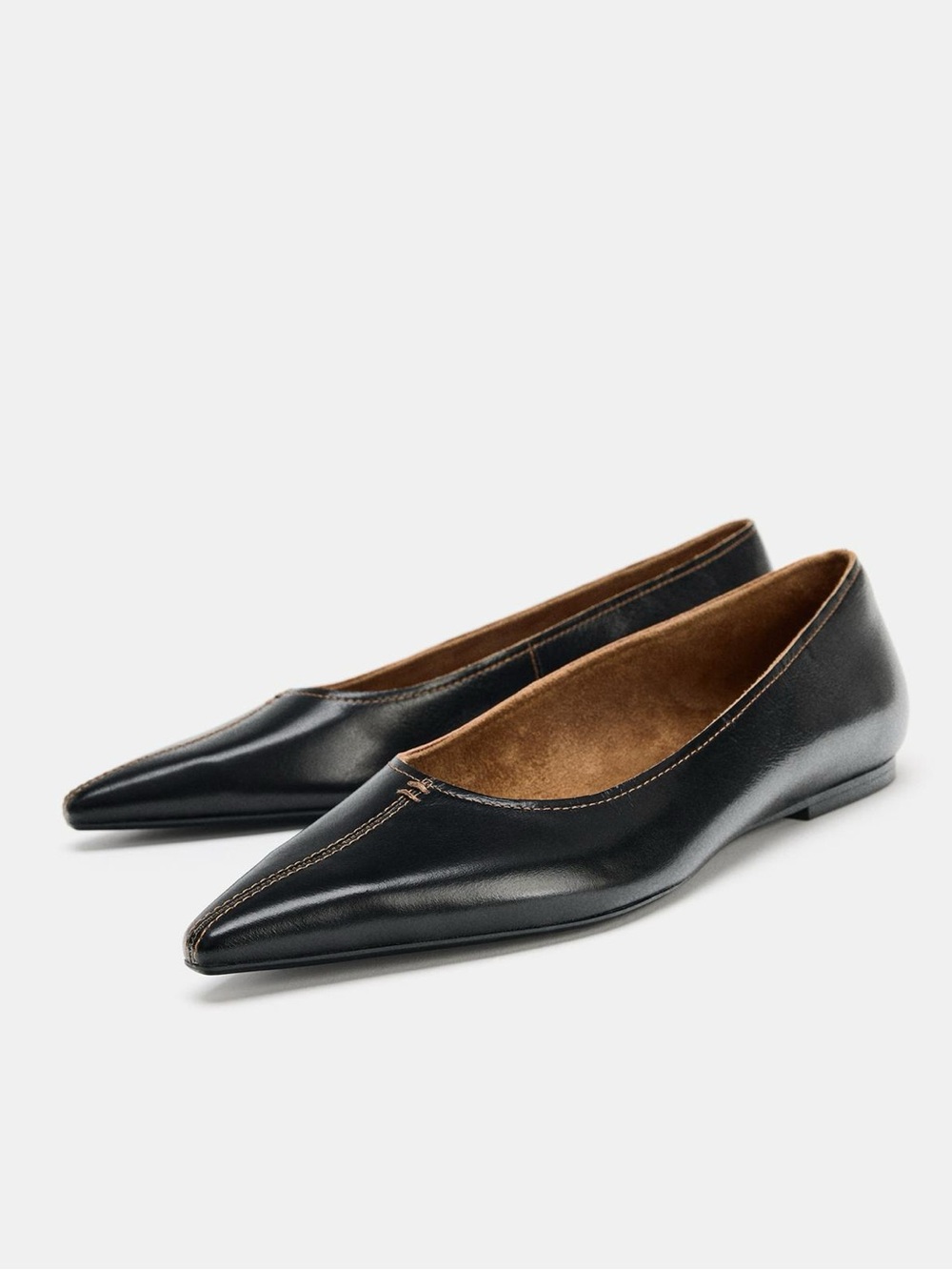Zara Black Pointed Toe Leather Ballet Flats